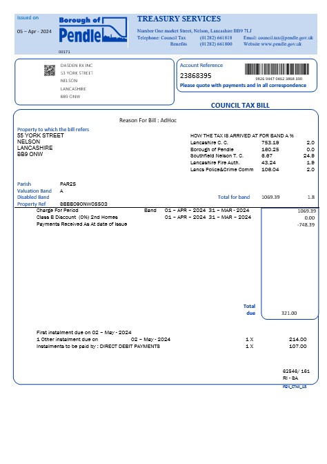 United Kingdom Borough of Pendle council tax business utility bill template in Word and PDF formats